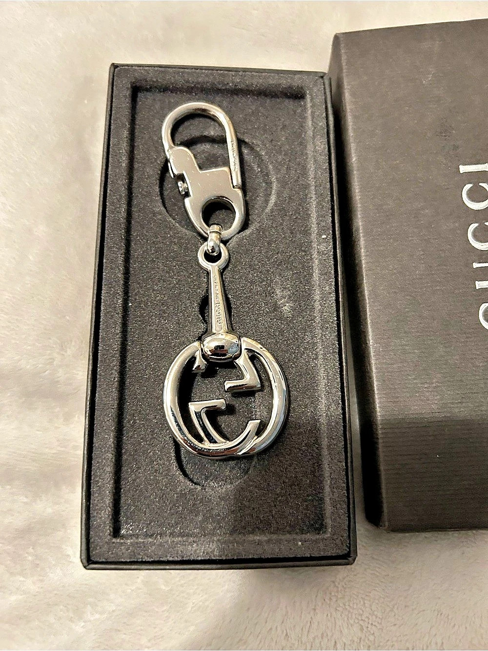 Gucci Interlocking G Horsebit Keychain Silver with Box